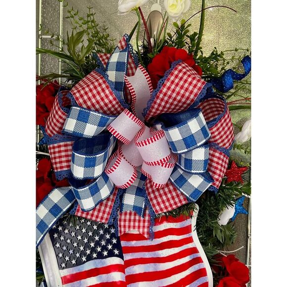 Patriotic Swag Wreath For Front Door, Red White and Blue With USA Flag Sign - Picture 4 of 6
